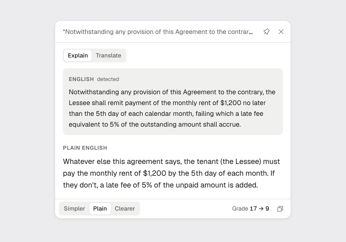 The card explaining a lease clause: the original above, the plain English version below, with the reading grade going from 17 to 9