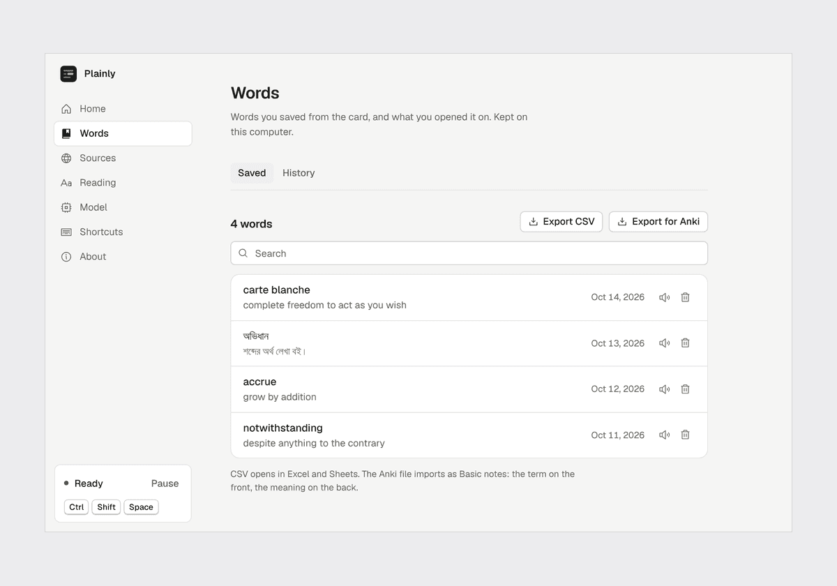 The Words page: saved words with their meanings, Listen, Remove, and export buttons